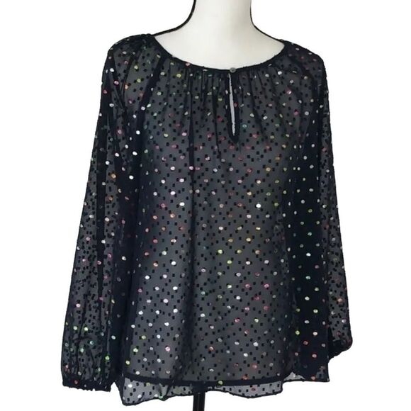 J. CREW- Popover in Rainbow Clip Dot Chiffon Semi Sheer Navy Multi, Size XL - Picture 2 of 13